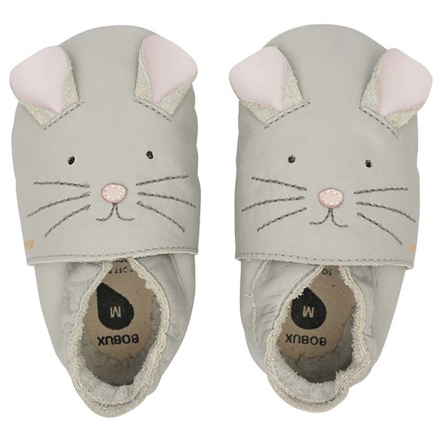 Chaussons en cuir 16-17 soft soles Souris Gris Clair S BOBUX