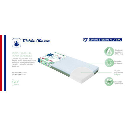 Matelas Aloé Vera Déhoussable 60x120x10 cm Blanc/Vert Olive CANDIDE - 15