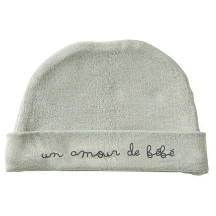 Bonnet doublé coton Un amour de bébé vert de gris naissance  BB&CO